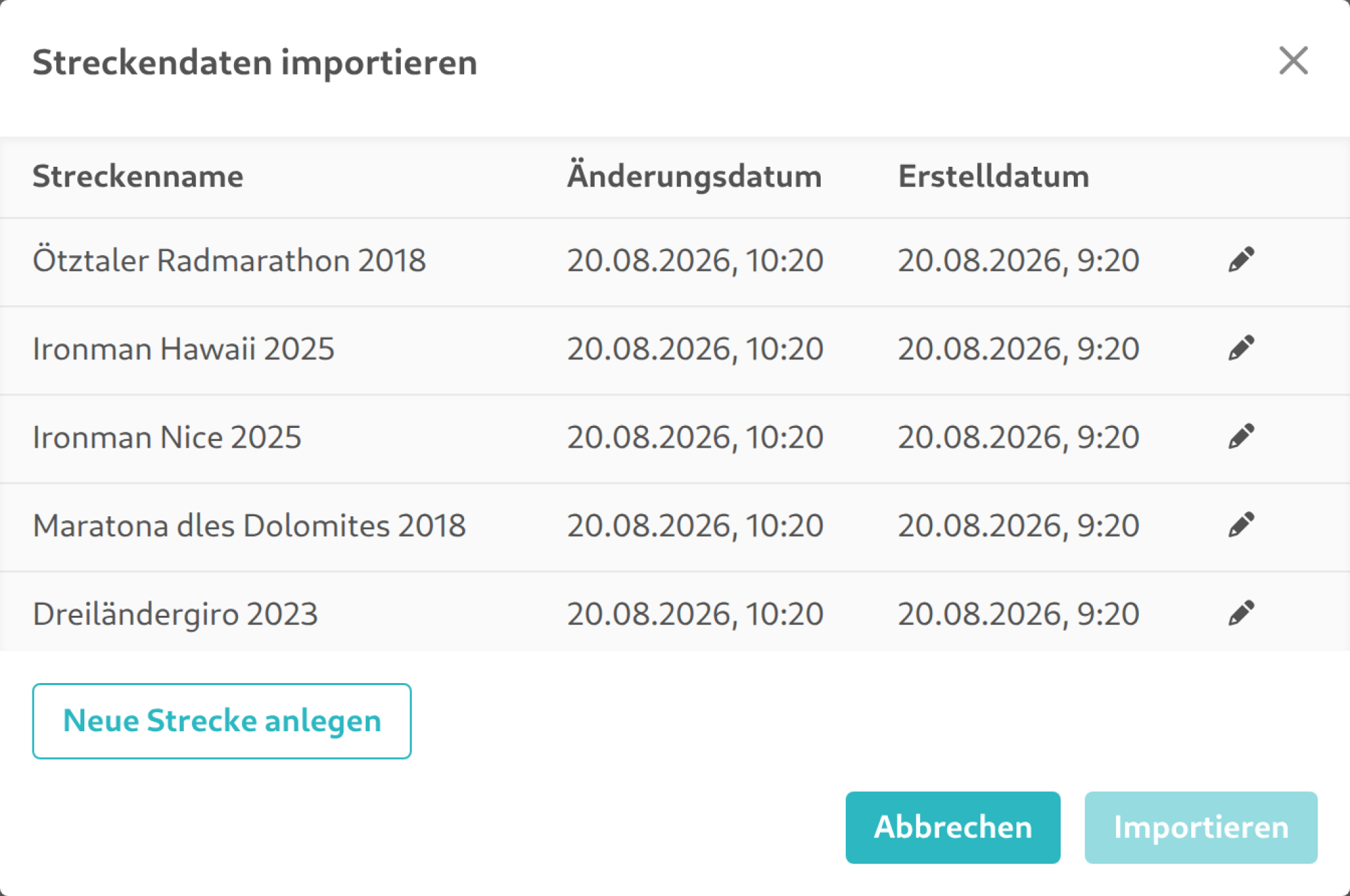Dialog zum Importieren einer Streckendatei
