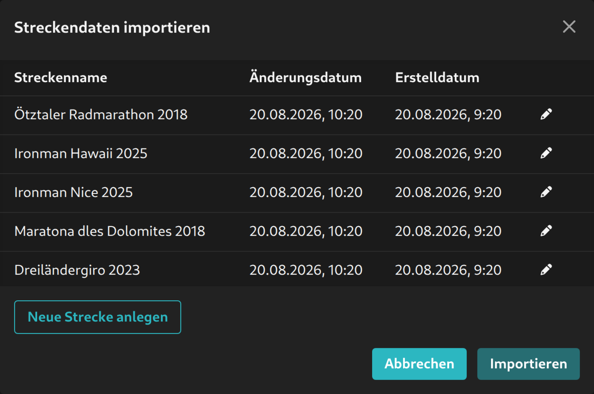 Dialog zum Importieren einer Streckendatei