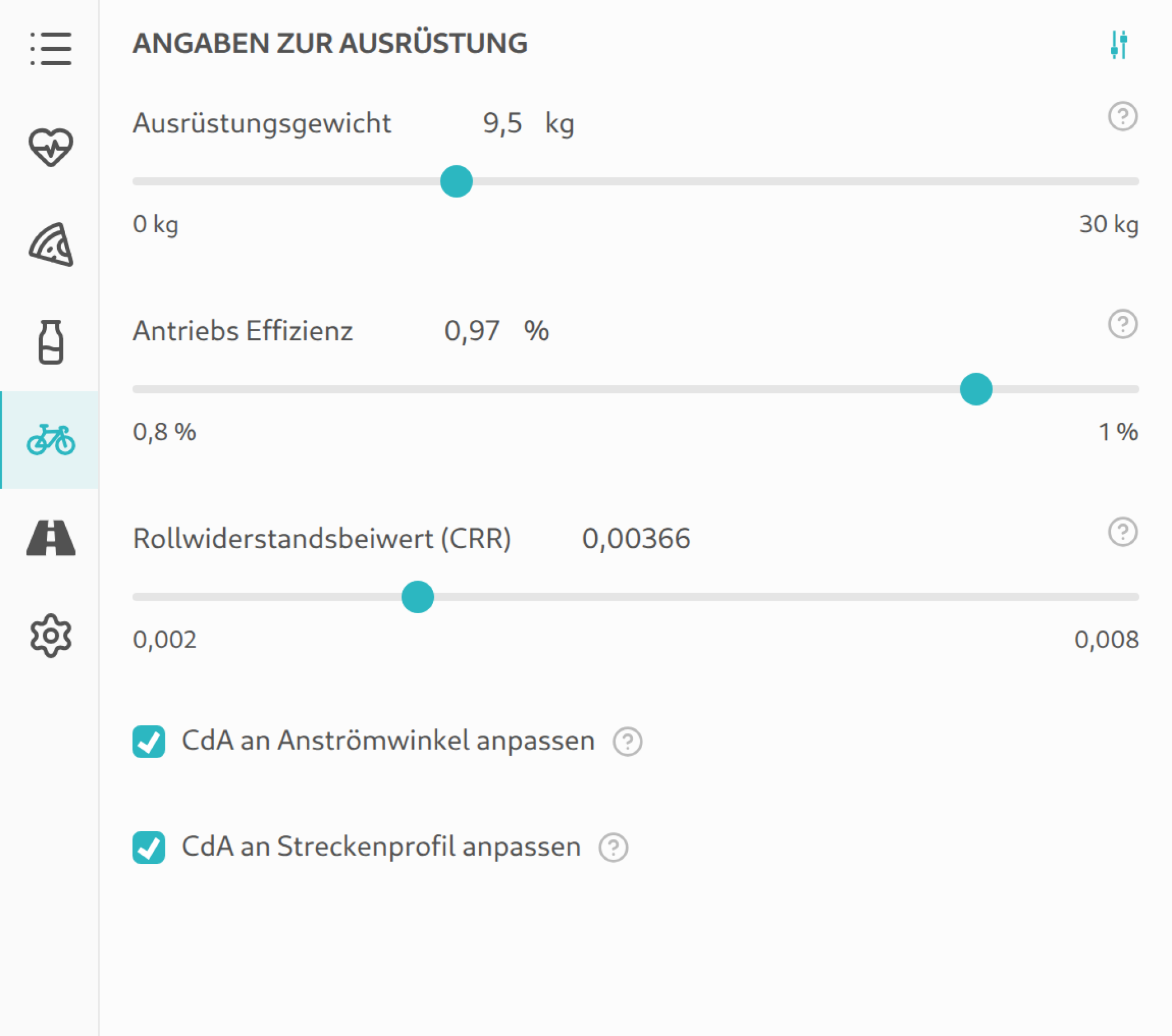 Ausrüstungseinstellungen in der Seitenleiste