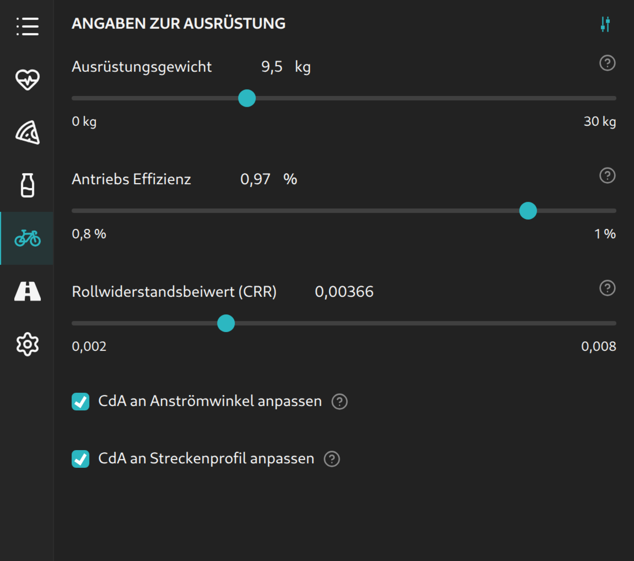 Ausrüstungseinstellungen in der Seitenleiste