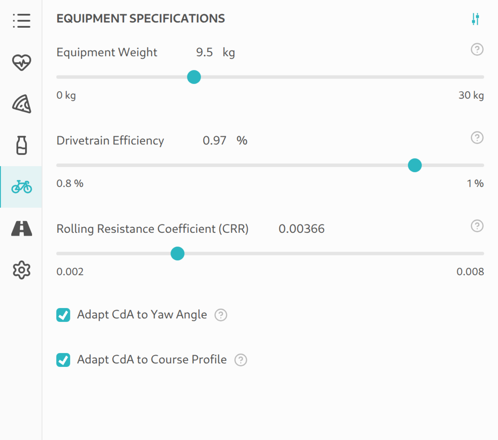 Equipment settings in the sidebar