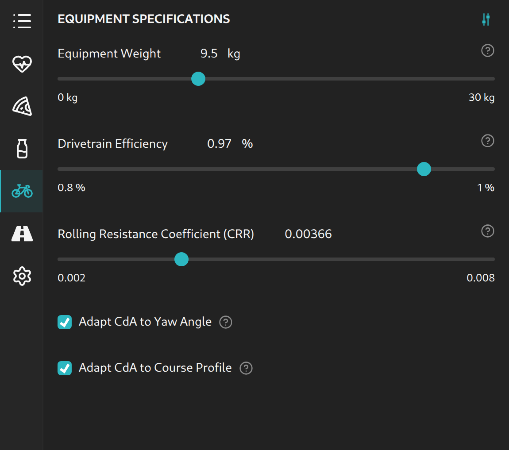 Equipment settings in the sidebar