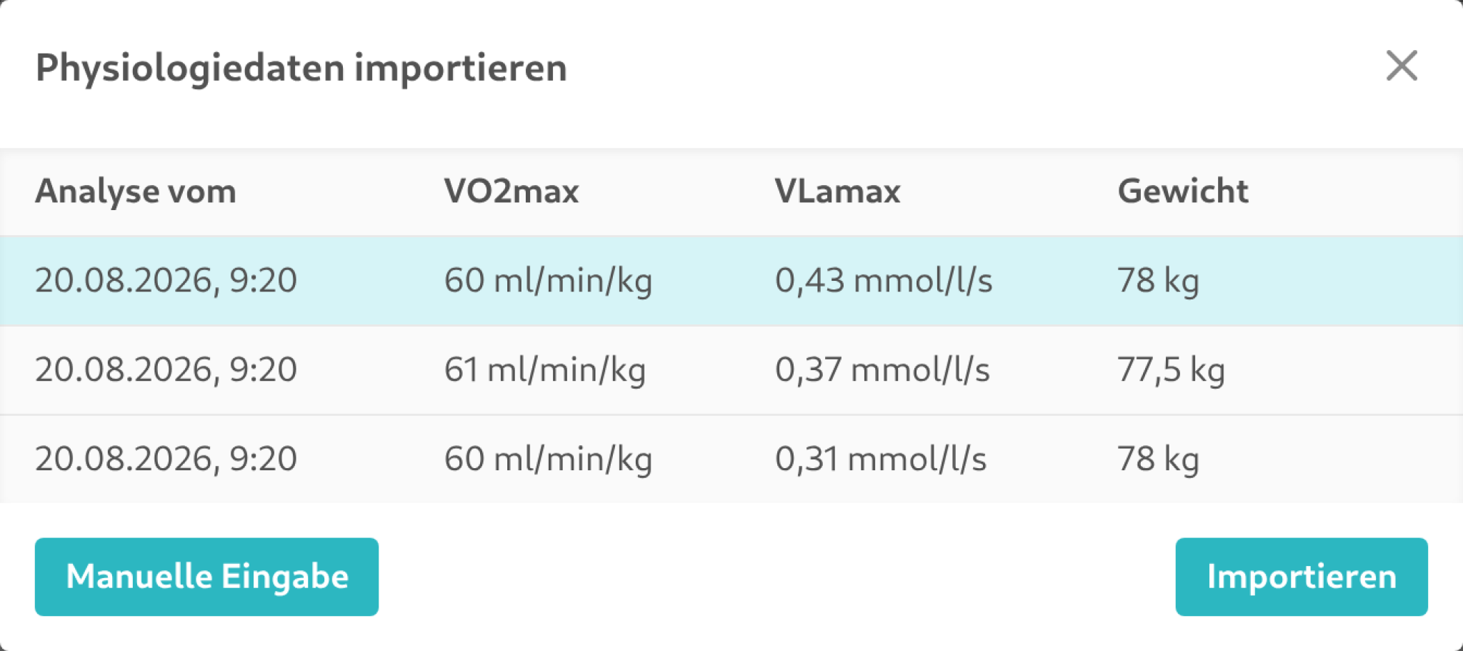 Analyse-Import-Dialog über dem Physiologie-Tab der Seitenleiste