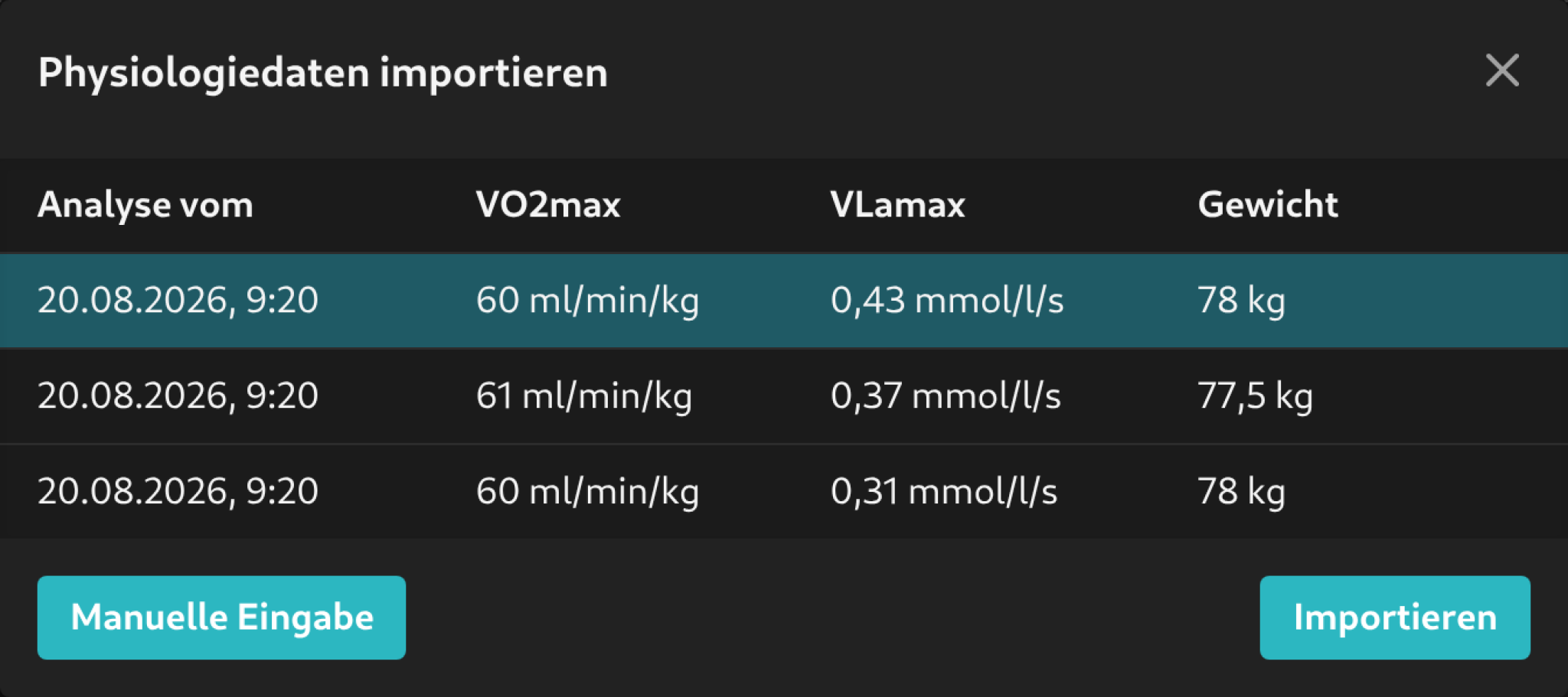 Analyse-Import-Dialog über dem Physiologie-Tab der Seitenleiste