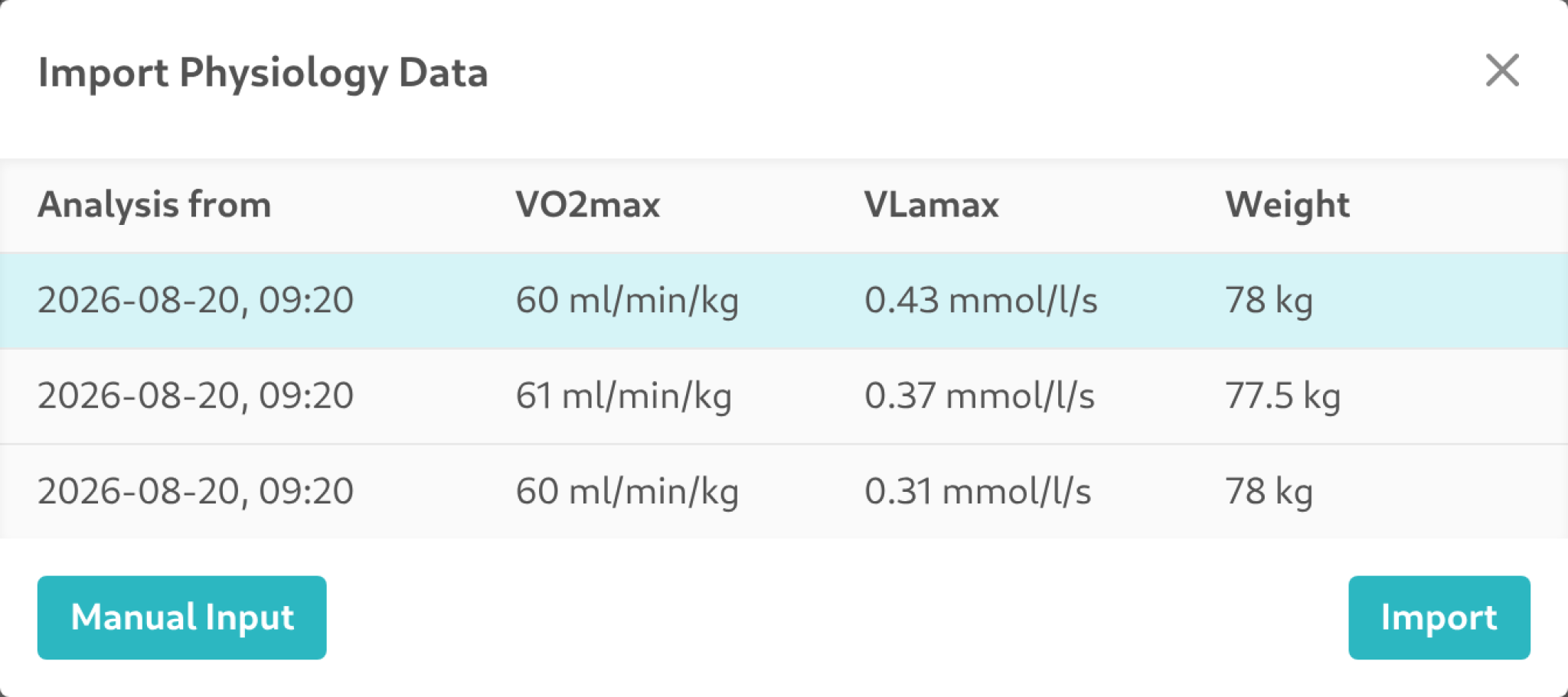 Analysis import dialog opened over the Physiology sidebar tab