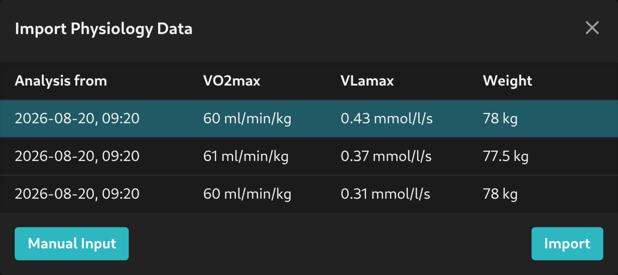 Analysis import dialog opened over the Physiology sidebar tab