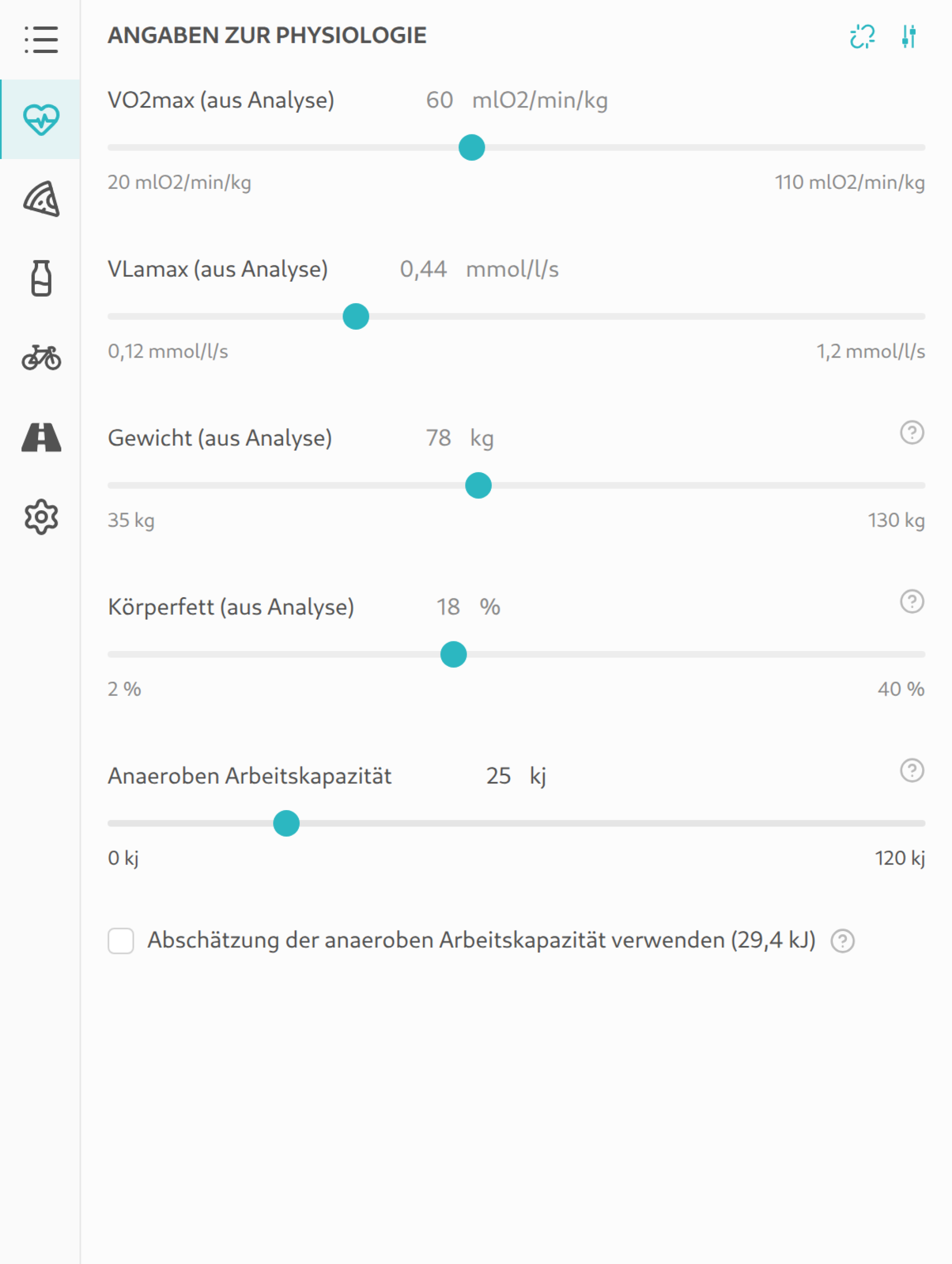 Physiologie-Tab in der Seitenleiste mit aus einer AI DIAGNOSTICS Analyse übernommenen Werten