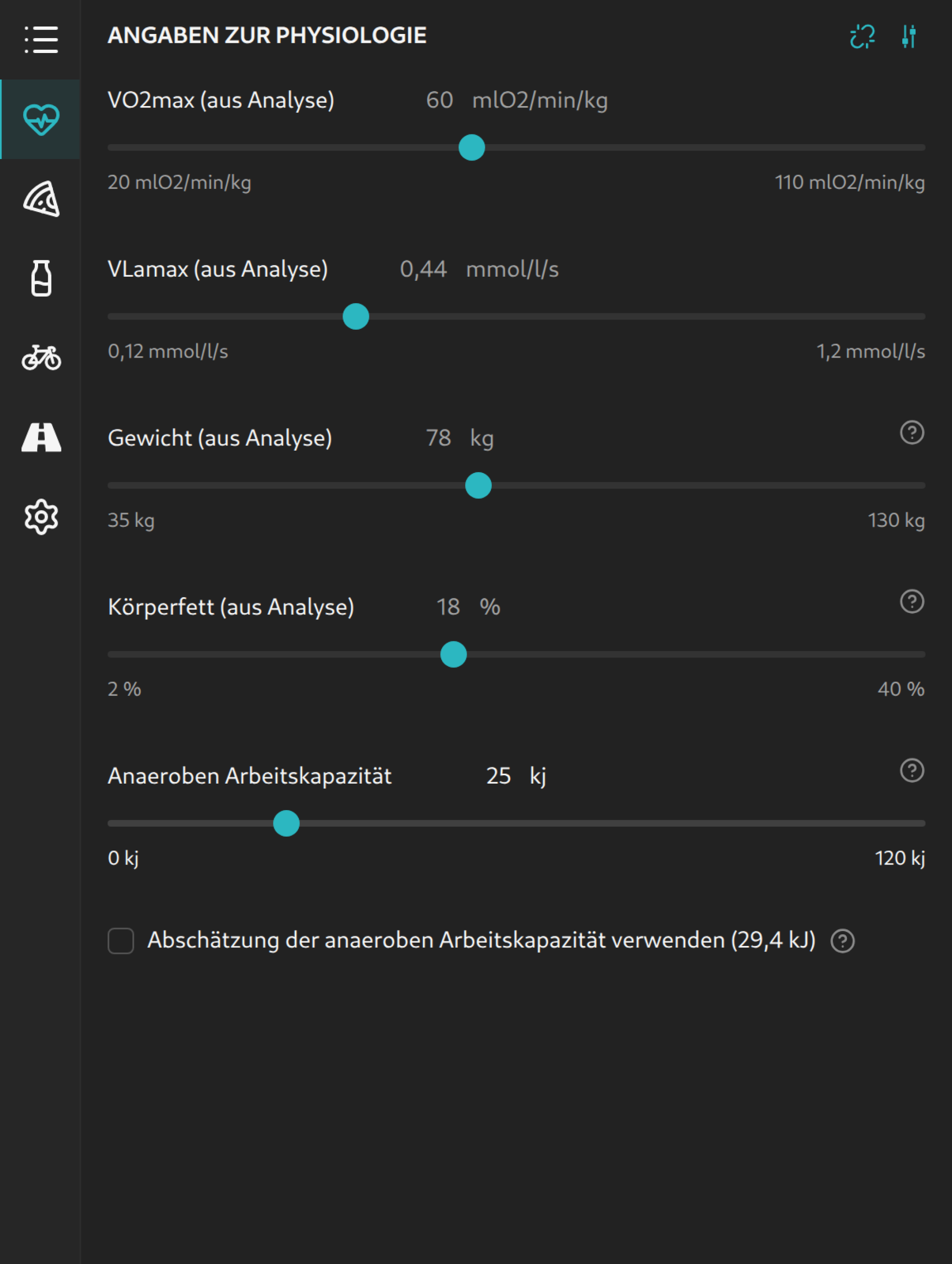 Physiologie-Tab in der Seitenleiste mit aus einer AI DIAGNOSTICS Analyse übernommenen Werten