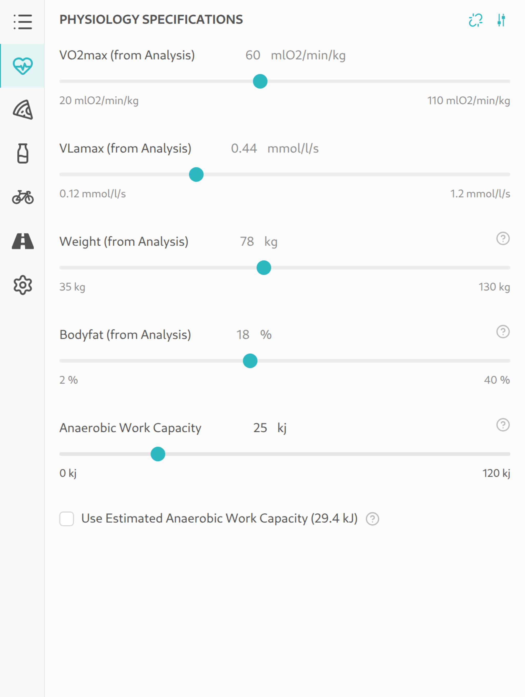 Physiology sidebar tab with values taken from an AI DIAGNOSTICS analysis