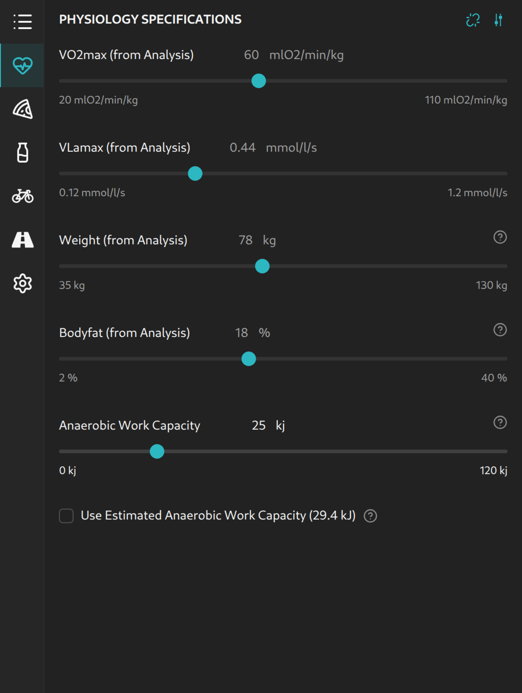 Physiology sidebar tab with values taken from an AI DIAGNOSTICS analysis